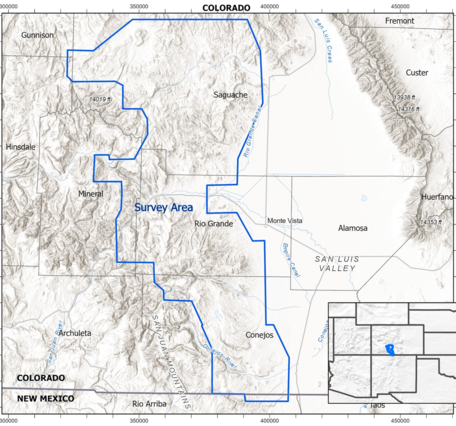 A map showing the area in southern Colorado the aerial survey will take place close to the New Mexico border