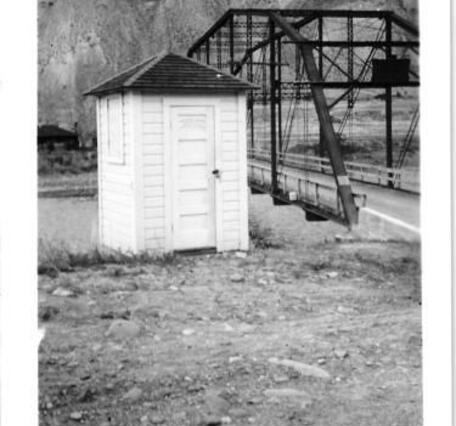 A black and white image of the gage station at Corwin Springs on the Yellowstone River in Oct 1940