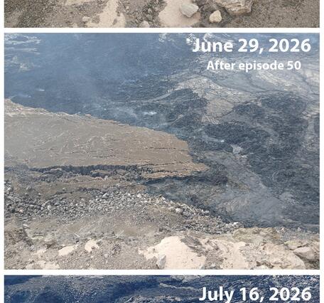 Color photographs showing lava covering a broken road over time