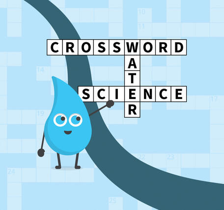 Image of Drippy pointing at crossword-styles saying Crossword - Water - Science