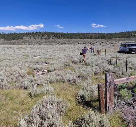 Man carrying a sensor box trailing a wire from a water well, in a wide sagebrush plain surrounded by low vegetation and forest in the background.