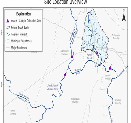 Map depicting the major rivers in the Rartian Study are with an overlay of site locations