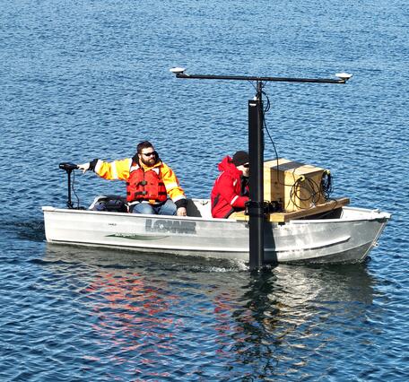 two people in small boat on pond