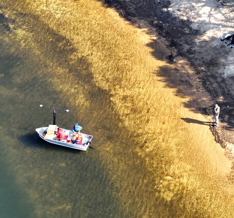 aerial view of small boat near pond shoreline