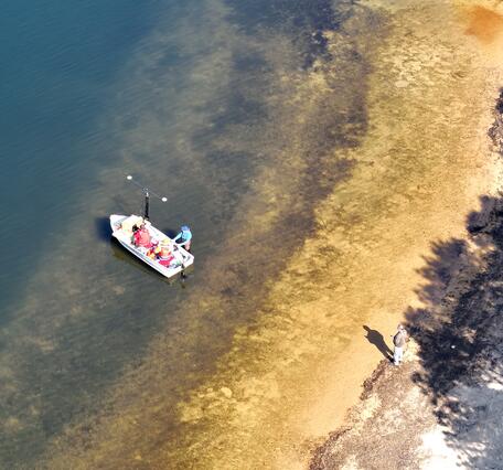 aerial view of small boat near shoreline of pond