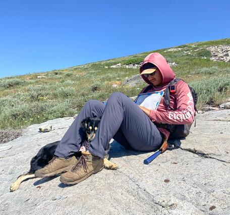 A person sitting on a large flat expanse of rock in a field. Person has a dog under their propped up knees while reading papers. 