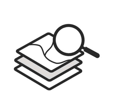 A stack of simplified maps with a magnifying glass on top