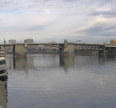 Metal and concrete bridge spans the river. Two concrete bridge piers are protected by wooden structures.