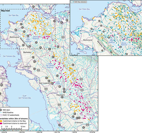 Map showing designation of stream-contacting landslides in east San Francisco Bay