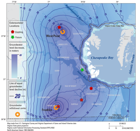 Map of the Virginia coastal plain with the locations of USGS extensometers and the severity of groundwater drawdown