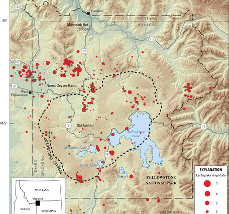 earthquakes were scattered throughout the Yellowstone region in 2025, mostly occurring between Hebgen Lake and Norris