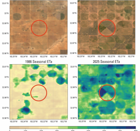 satellite images and evaoptranspiration maps of an area near Lubbock Texas