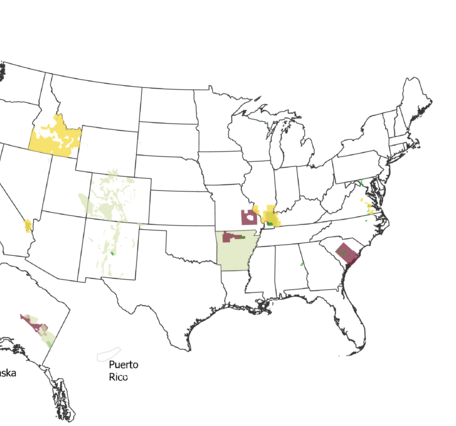 Map of the US, Alaska and Puerto Rico filled in by data type: geophysics, geologic mapping, geochemistry, Lidar, Mine Wastes, hyperspectral. 