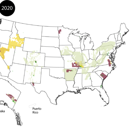 Map of the US, Alaska and Puerto Rico filled in by data type: geophysics, geologic mapping, geochemistry, Lidar, Mine Wastes, hyperspectral. 