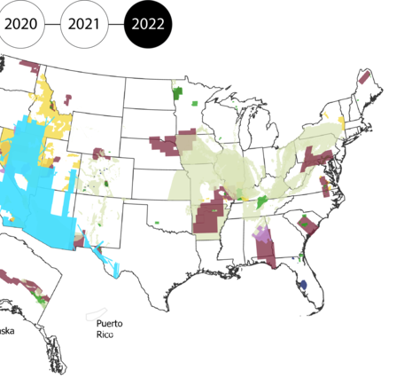 Map of the US, Alaska and Puerto Rico filled in by data type: geophysics, geologic mapping, geochemistry, Lidar, Mine Wastes, hyperspectral. 