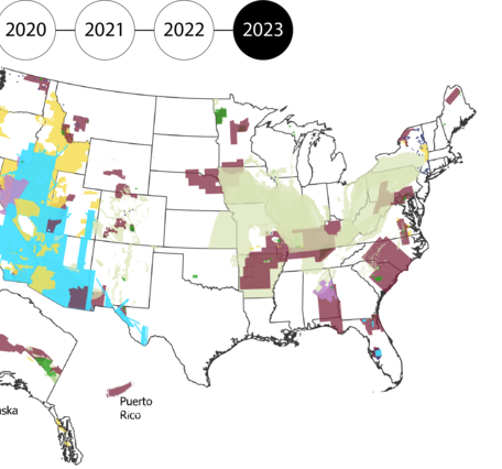 Map of the US, Alaska and Puerto Rico filled in by data type: geophysics, geologic mapping, geochemistry, Lidar, Mine Wastes, hyperspectral. 