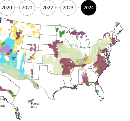 Map of the US, Alaska and Puerto Rico filled in by data type: geophysics, geologic mapping, geochemistry, Lidar, Mine Wastes, hyperspectral. 