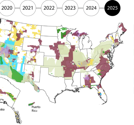 Map of the US, Alaska and Puerto Rico filled in by data type: geophysics, geologic mapping, geochemistry, Lidar, Mine Wastes, hyperspectral. 
