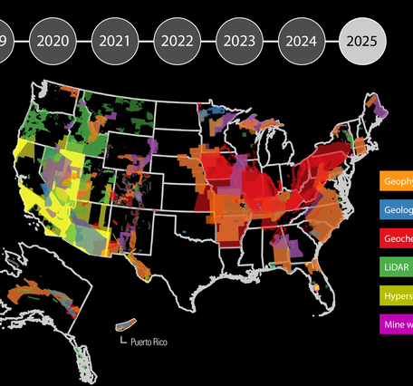 Map of the US, Alaska and Puerto Rico filled in by data type: geophysics, geologic mapping, geochemistry, Lidar, Mine Wastes, hyperspectral. 