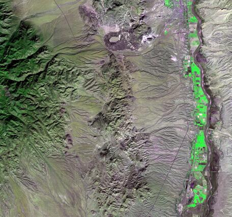 Satellite image of a river and mountains