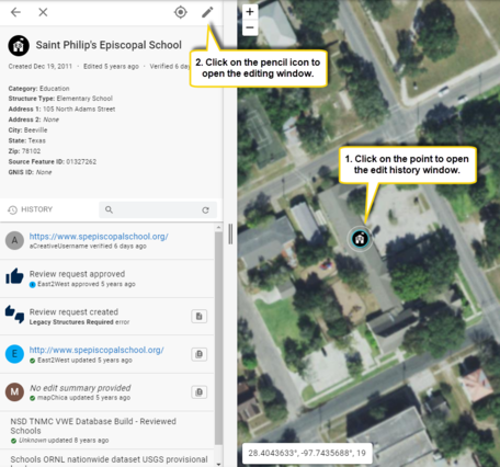 Screenshot of a school point in the TNMCorps editor with text bubbles describing the first two steps of changing a symbol.