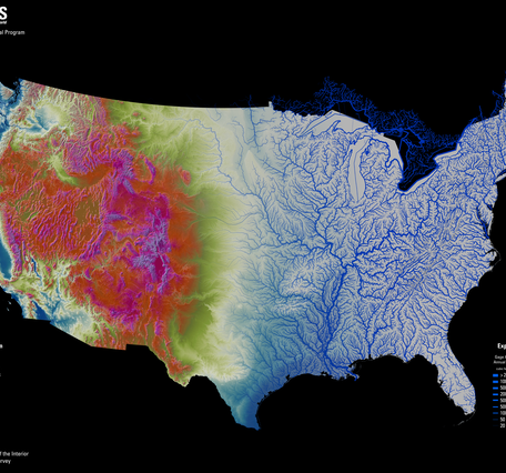 Map of the contiguous United States showing hydrography flow lines on the right and an elevation model on the left