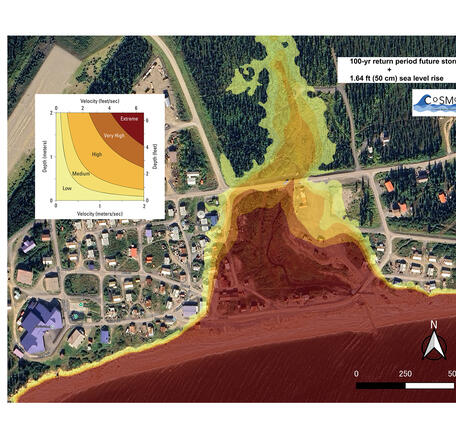 Map showing modeled velocity hazard for a 100-year period storm with 50cm of sea-level rise in Elim, Alaska
