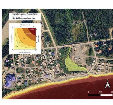 Map showing modeled velocity hazard for a 1-year period storm with 50cm of sea-level rise in Elim, Alaska