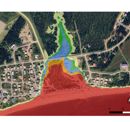 Map showing modeled velocity hazard for a 100-year return period storm with 50cm of sea-level rise in Elim, Alaska