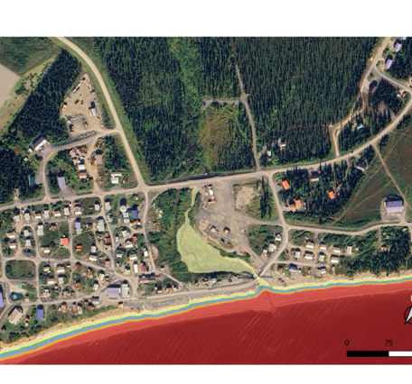 Map showing modeled velocity hazard for a 1-year return period storm with 50cm of sea-level rise in Elim, Alaska