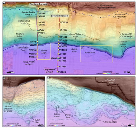 Enlargements of 1-m AUV bathymetry overlain on 30-m bathymetry grid for the study area along the Cascadia Subduction Zone