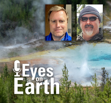 A background photo of a pool of water with a natural fountain in an area surrounded by evergreens, plus two men's mugshots