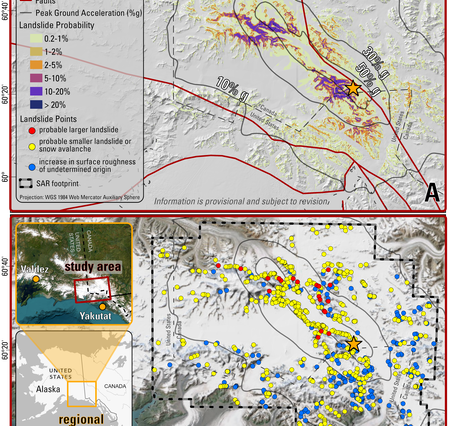 Map showing the earthquake epicenter and landslide probability and landslide points