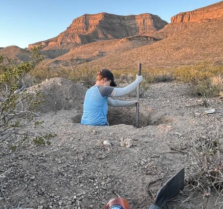 Person standing in a small diameter hole above their waist while digging with a shovel. Mountains in background.