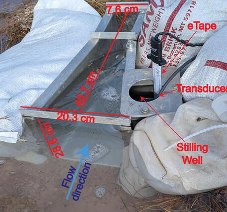 Metal box braced by sand bags sitting on brown barren ground and with water running through it