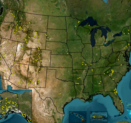 U.S. map with deposits marked by yellow points.