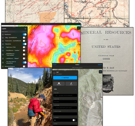 collage of maps, report, tablet data view, researcher in field