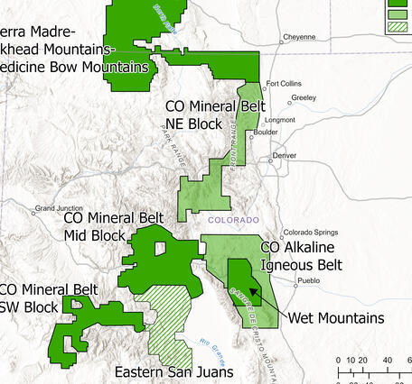 Colorado map with geophysical survey areas shown