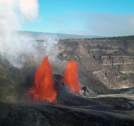 Color photograph of lava fountaining