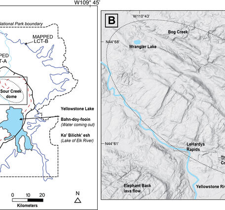 Left panel is line drawing of Yellowstone region; right panel has shaded relief of a domal area cut by valleys