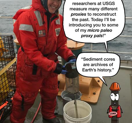Photo of a scientist standing on ship deck holding sediment corer, with a cartoon sediment core next to her.