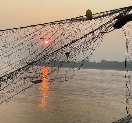 A fisher retrieving a fishing net. 