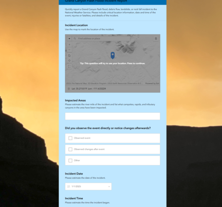 Grand Canyon community science natural hazard event reporting app screenshot