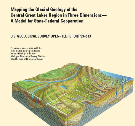 Yellow background with block diagram showing surface and subsurface land use conditions with text reading title and other pub information