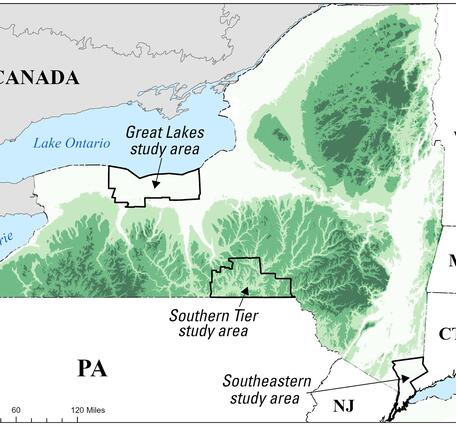 Map of New York State showing the three pilot study areas for interactive products to assist with geothermal drilling.