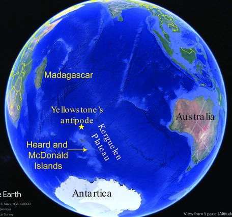 Map of the globe centered on the southern Indian Ocean between Antarctica, Australia, and Africa