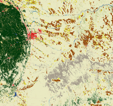 2025 Annual NLCD land cover image of the Black Hills (green), the Badlands (silver), and rangeland in western South Dakota