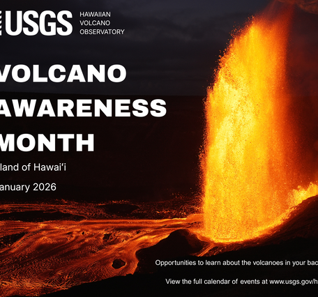 Color flyer announcing Volcano Awareness Month with lava fountain at night in the background