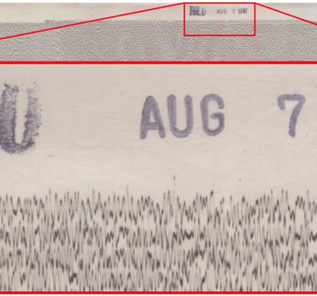 Color photograph of seismic record with date of August 7, 1988