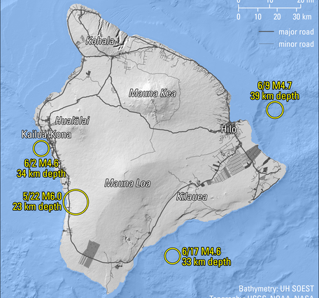 Color map showing earthquake locations around island
